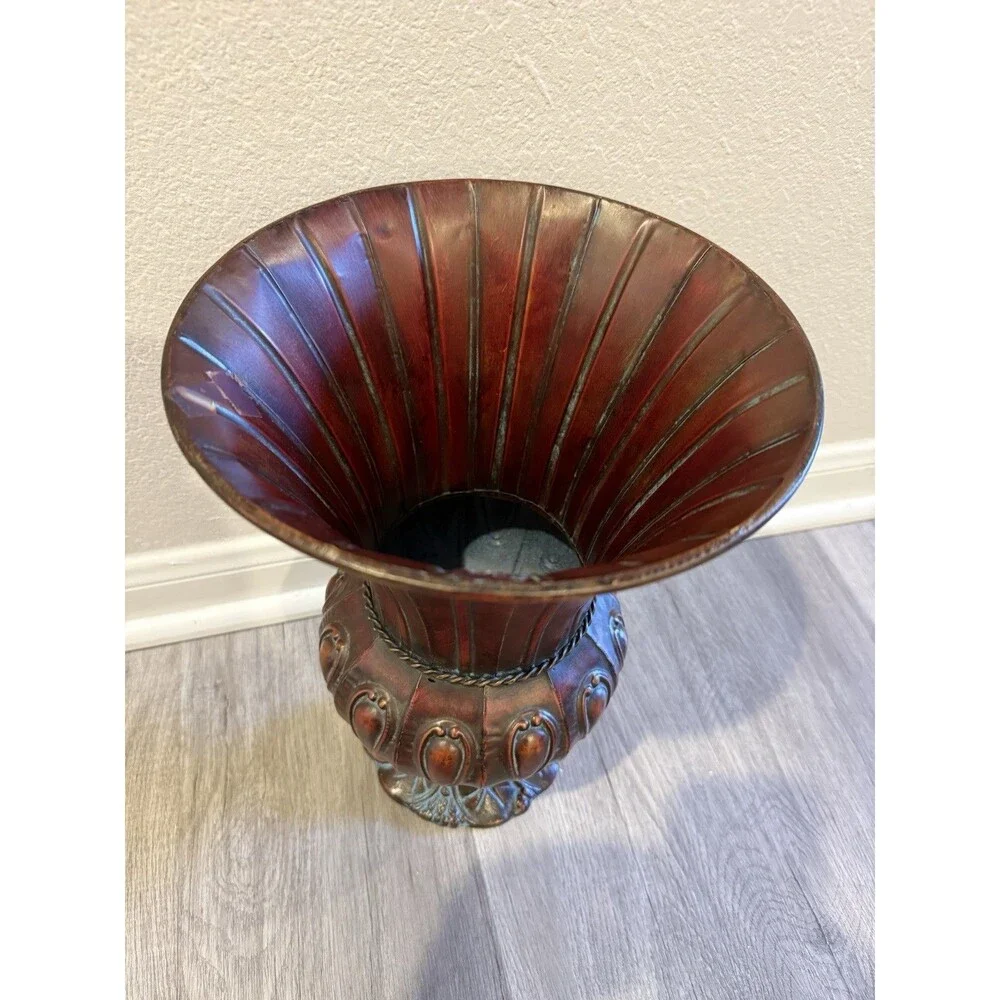 Flared Traditional Style Metal Urn Vase Metal Body Bronze Base 13” H* 9.5 W